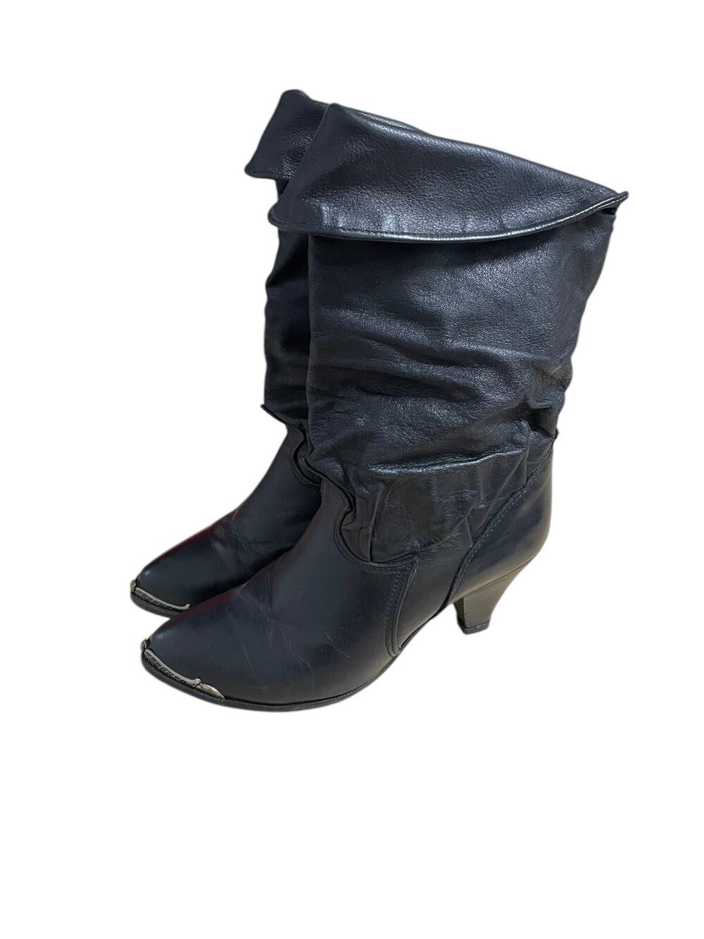 Zodiac Boots Womens 7.5 M Heeled Slouch Black Leather Metal Tip Pull On